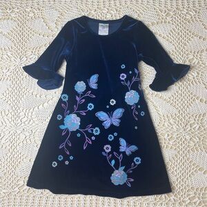 Vintage 1990s Brooke Lindsey Girls 6 Blue Velour Bell Sleeve Butterfly Dress